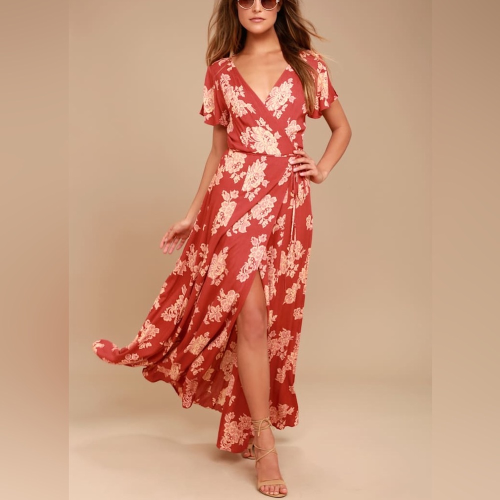Lulus Heart of Marigold Rust Red Floral Print Wrap Maxi Dress